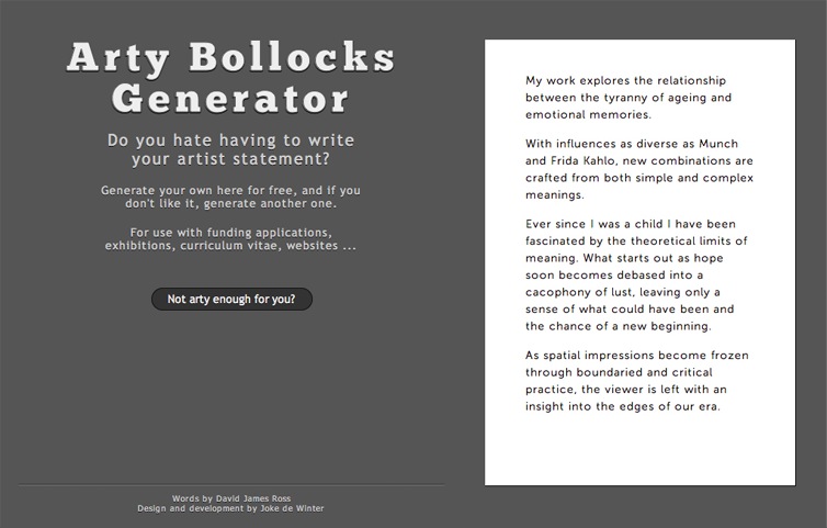 Screenshot of the Artybollocks Generator on the 10k website.