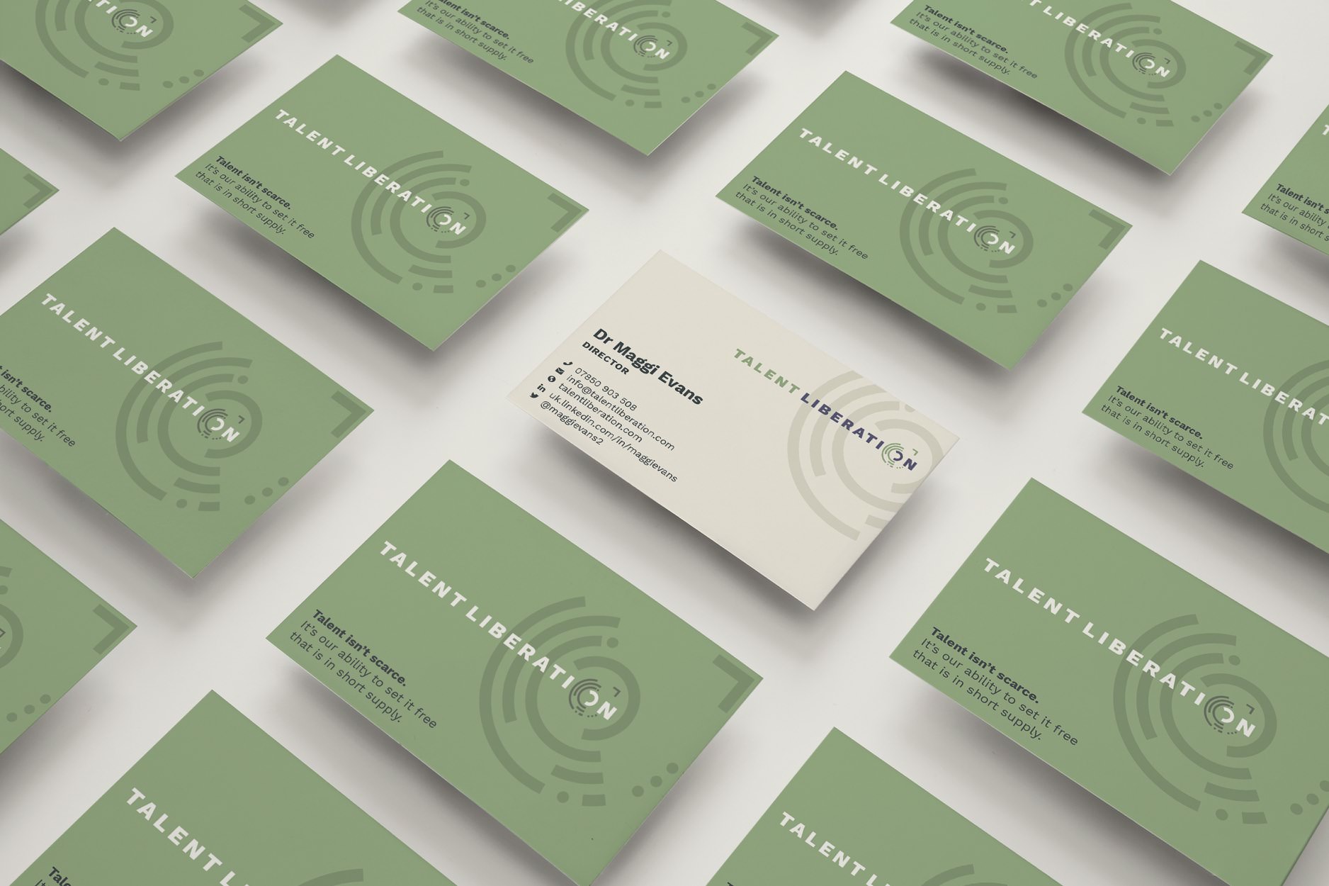 Business cards for Talent Liberation.