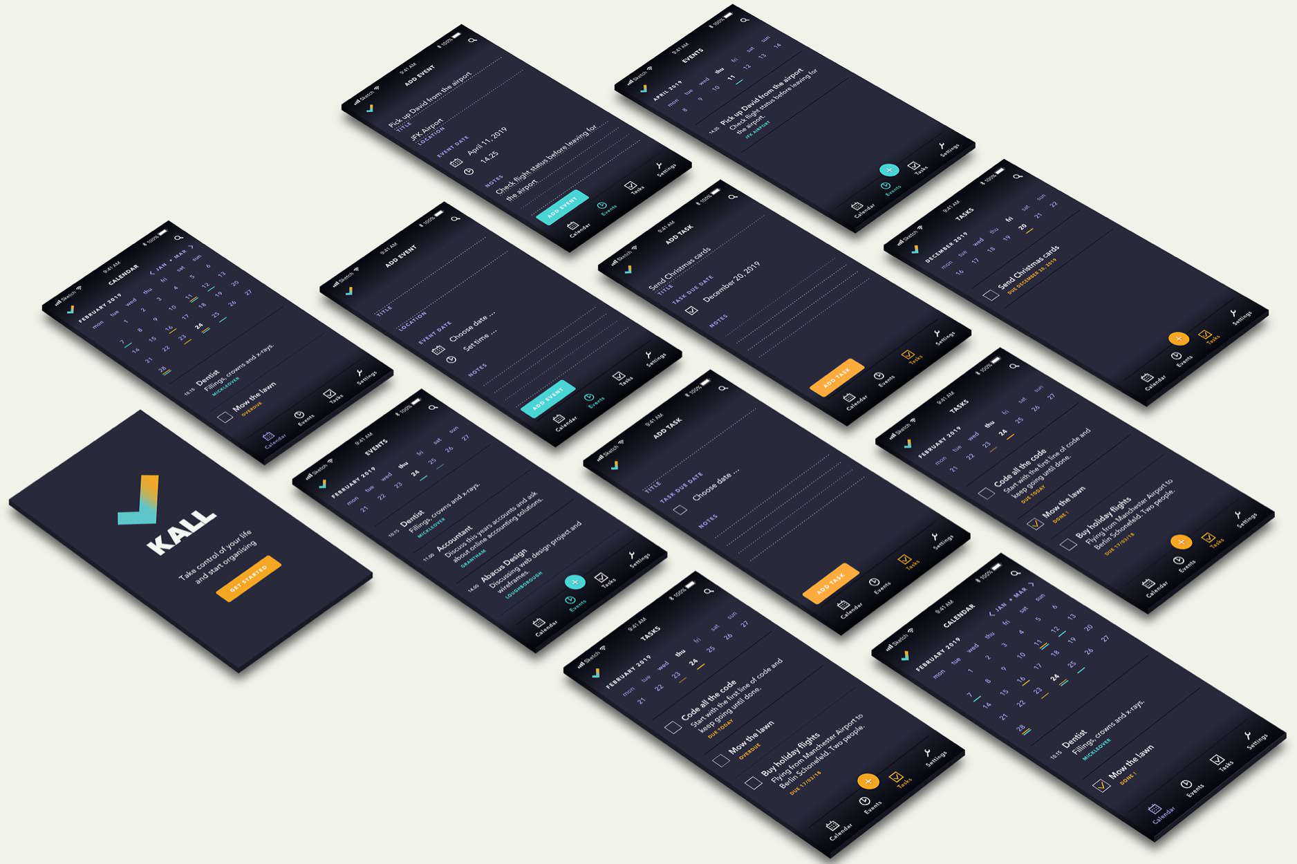 Selection of different screens of Kall, a task manager app. Student brief at Shillington.